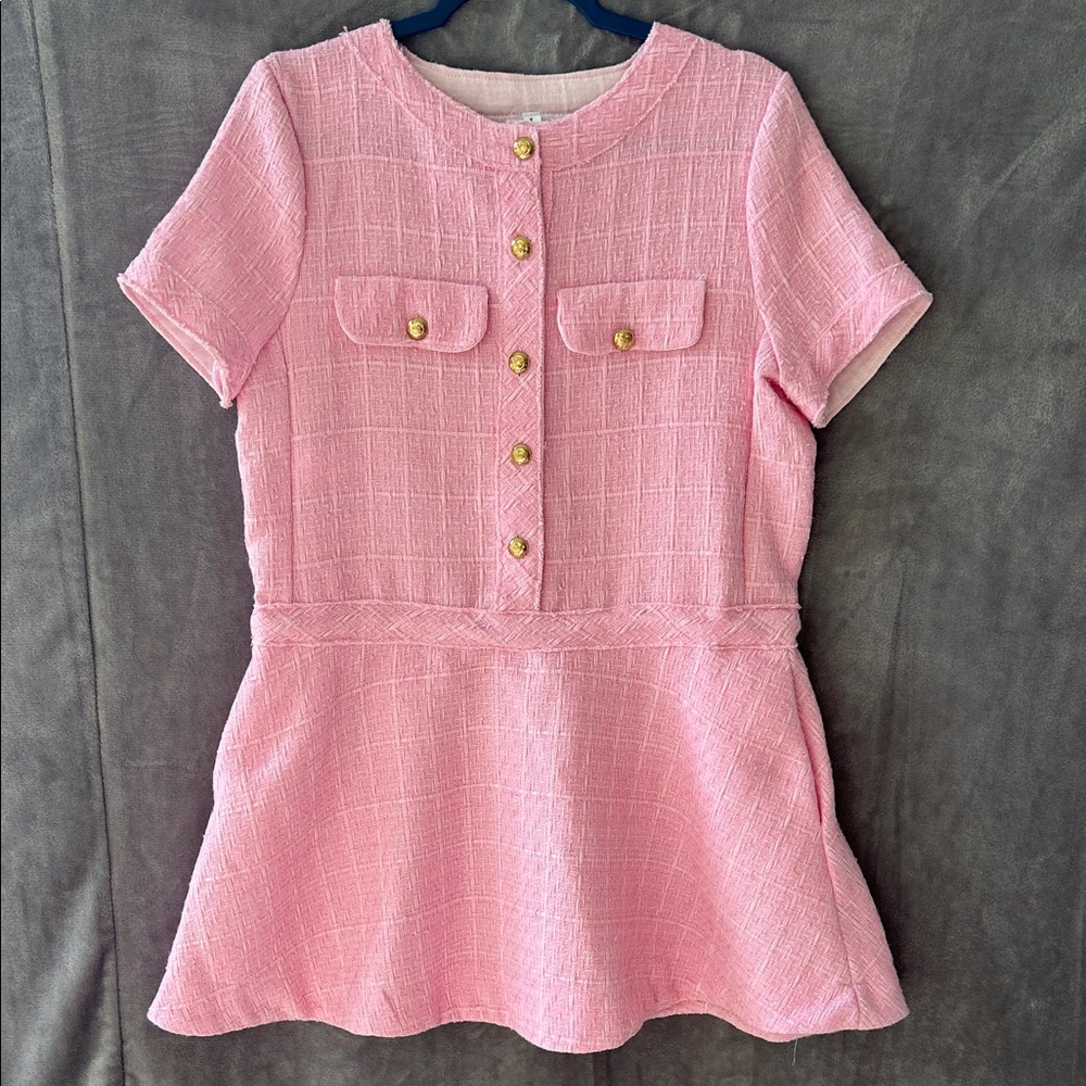 Pink Vintage Style Textured Short Sleeve Dress with Gold Buttons NWOT Large